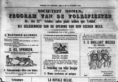 804199 Afbeelding van een fragment uit Journal du Limbourg van 15 en 16 oktober 1853 met het programma van de ...
